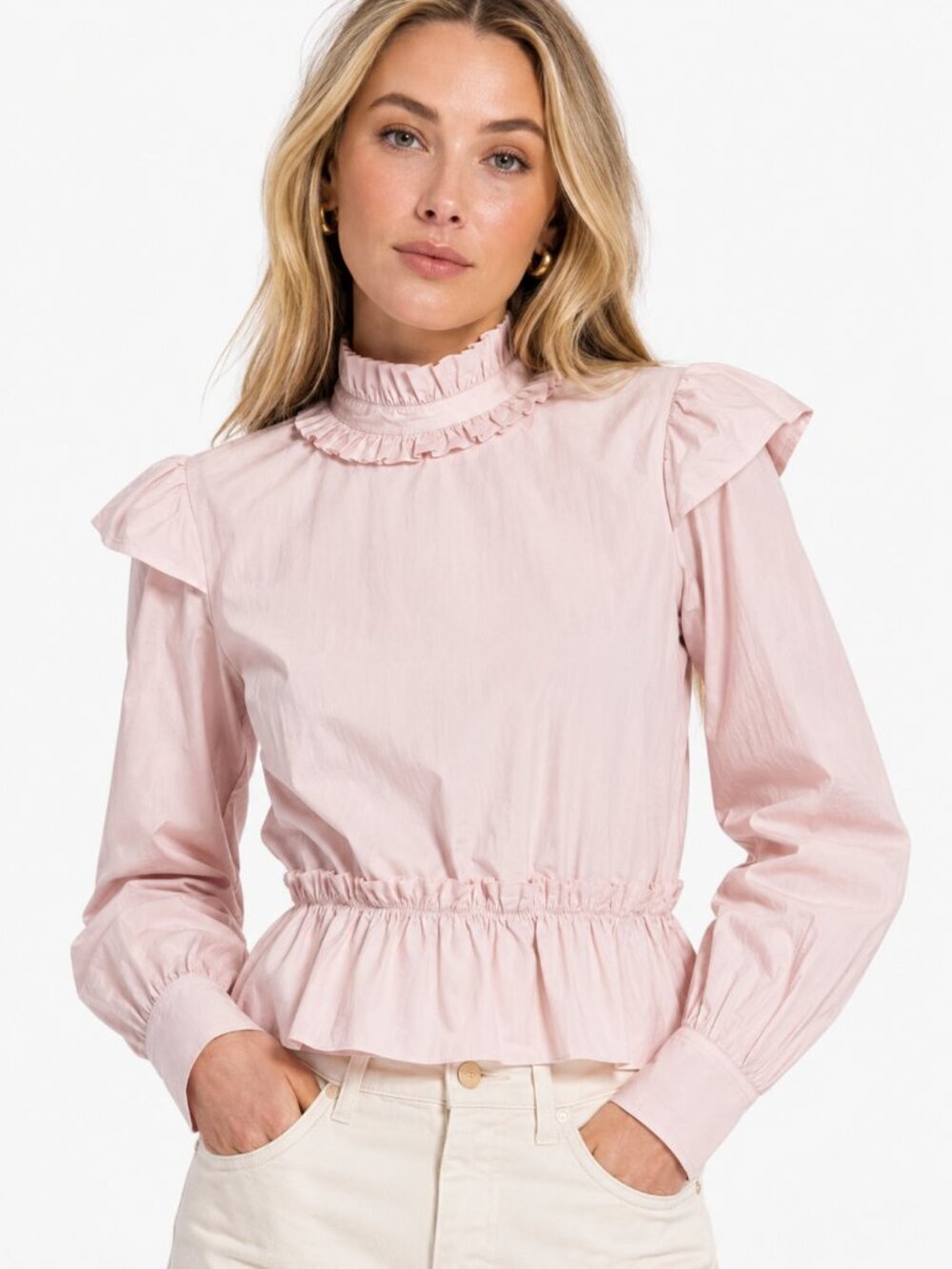GANNI Womens Pink Ruffle Mock Neck Peplum Blouse Open Back Long Sleeve Size 38/6